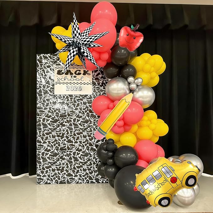 151Pcs Back to School Balloon Arch Garland Kit, School Bus, Pencil, Apple, Explosion Star Foil Balloons for Classroom Decoration, Kindergarten Party Backdrop, Back to School Event Supplies
