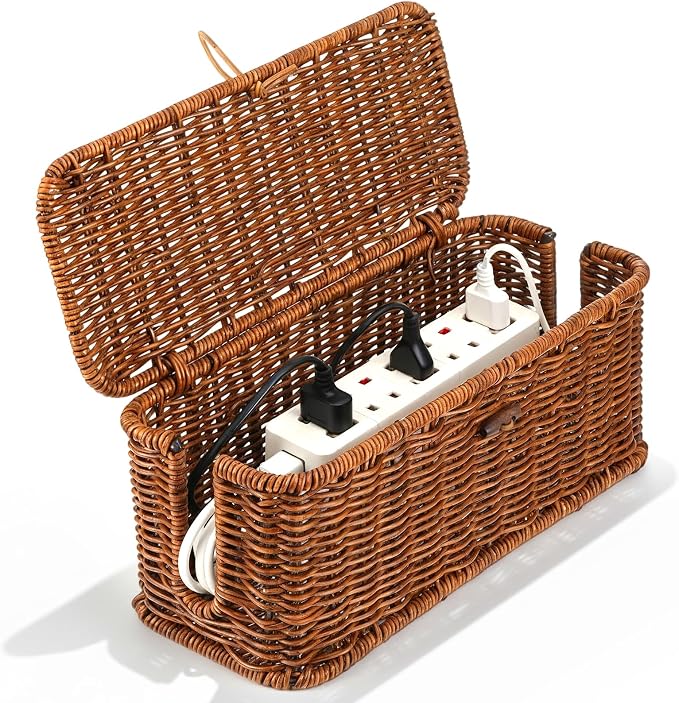 Cable Management Box Handmade Rattan Cable Organizer Stylish Hider Box with 2 Open Slots Desk Decorative Storage for Home Office Power Strips Cord Hider