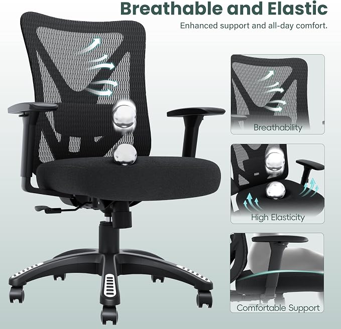 Ergonomic Office Chair, Mesh Computer Desk Chairs with Adjustable Lumbar Support, 3D Armrest, Tilt Function, Comfy Wide Seat, Executive Chair for Company & Home, Gaming Chair (Black Sponge Cushion)