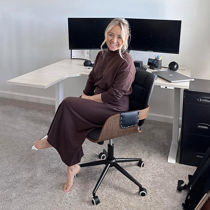 Conference Table Chair with Walnut Finish,Mid Century Modern Office Chair | Ergonomic Curved Back, Bentwood Frame, 360° Swivel & Rocking Function, Height Adjustable 19"-23", Support Up to 350lbs