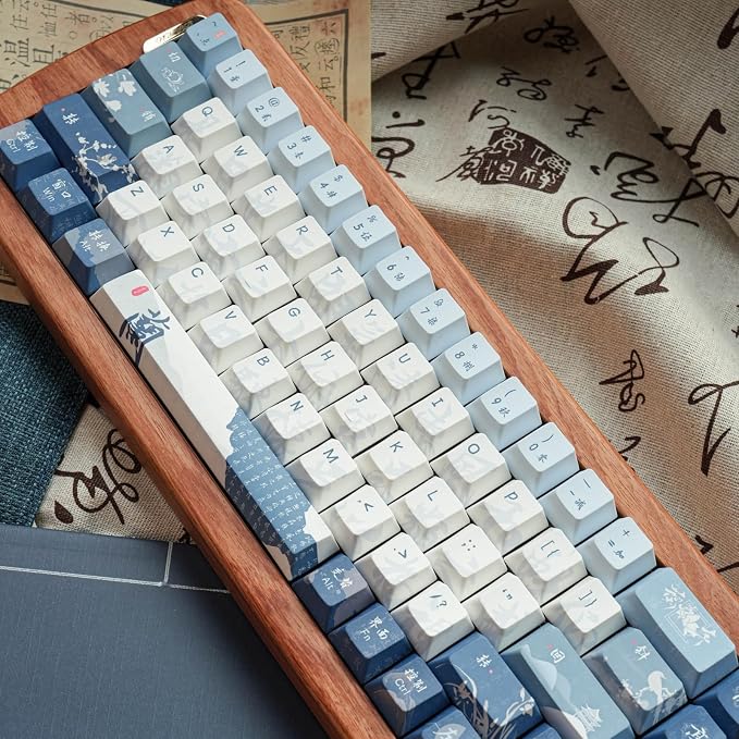 Blue White keycap 130 Key Dye Sublimation PBT keycaps Chinese Calligraphy Keycap Keycaps Cherry Profile Creamy Custom Keycap Set for 60%/65%/75%/TKL/96%/100% US Layout Mechanical Keyboard