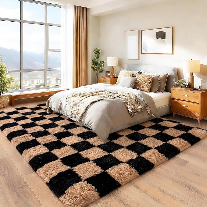 Area Rugs for Living Room Bedroom 9x12, Ultra Fluffy Shag Checkered Rug Modern Washable Carpet Soft Shaggy Non Slip Indoor Plush Fuzzy Rugs for Bedroom Dorm Office Home Aesthetic Decor, Black & Beige