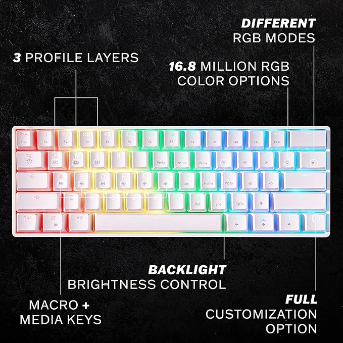 HK GAMING GK61 Mechanical Gaming Keyboard - 61 Keys Multi Color RGB Illuminated LED Backlit Wired Programmable for PC/Mac Gamer (Gateron Optical Brown, White)