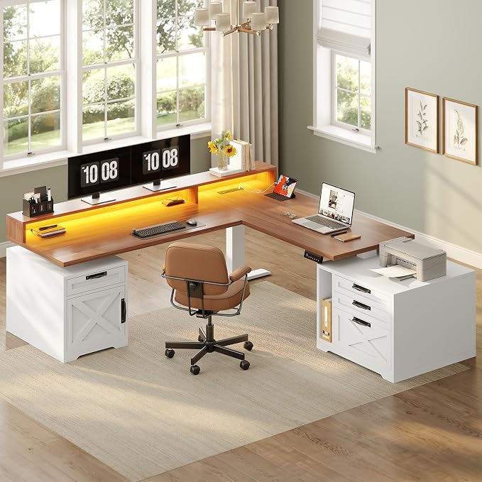 SEDETA Farmhouse L Shaped Standing Desk, 70.1" x 73.2" Height Adjustable Home Office Executive Desk with Drawers, Power Outlet, Monitor Stand, Sit Stand Table with Led Lights for Home Office, White
