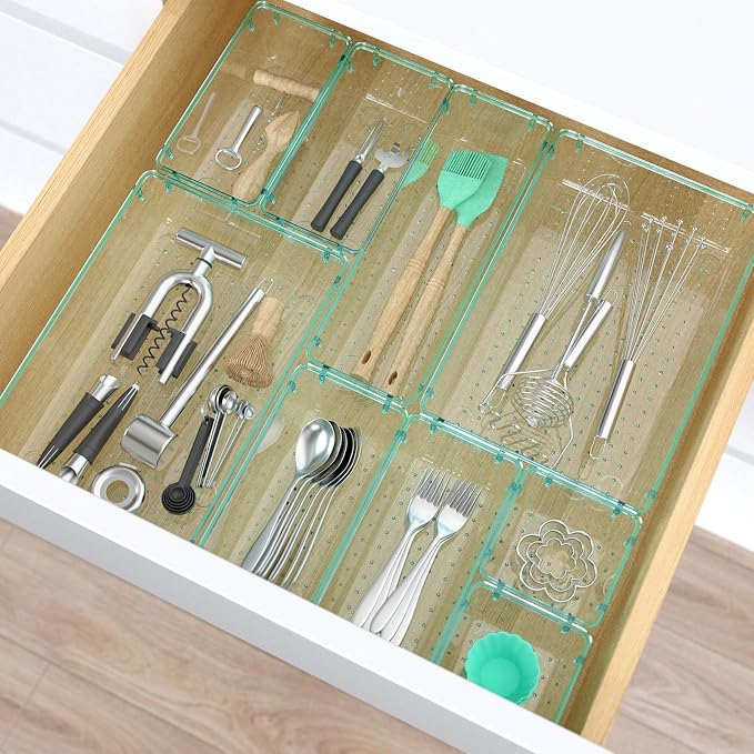StorMiracle 33 PCS Clear Plastic Drawer Organizers Set, 4 Size Desk Drawer Organizer Trays for Makeup, Jewelry, Kitchen Utensils, Gadgets and Office Accessories, Sea Blue