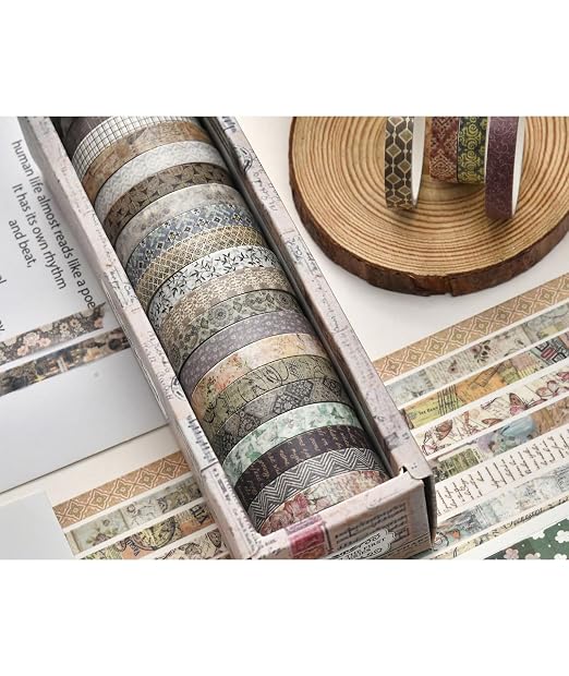 Basic Skinny Washi Tape Set 20 Rolls- Retro Antique Patterns Masking Thin Decorative Tapes for Arts, DIY Crafts, Bullet Journal, Planners, Scrapbook Decor, Gift Wrapping, Junk Journal