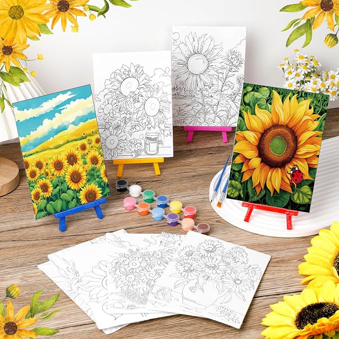 Blosssound 10 Set Pre Printed Canvas Pre Drawn Canvas Painting with Easel Kits 5" x 7" Outline Painting Panels for Beginners, DIY Craft Project, Home Decors(Sunflower)
