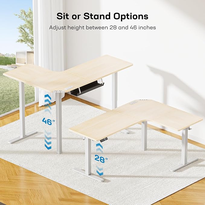 HUANUO 63″ Dual Motor L-Shaped Standing Desk, Built-in Power Outlets, Electric Height Adjustable Corner Computer Desk, Large Power Strip Holder, Sit Stand Up Desk with 3 Preset Heights, Natural Wood