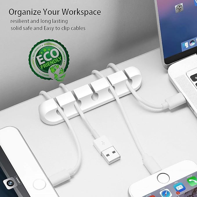 Cord Holder Cable Organizer Clips Cord Organizer for Desk, Nightstands | Self Adhesive, Office, Car, White Silicone Cord Keeper, Cable Management, Wire Holders for phone charger Cords