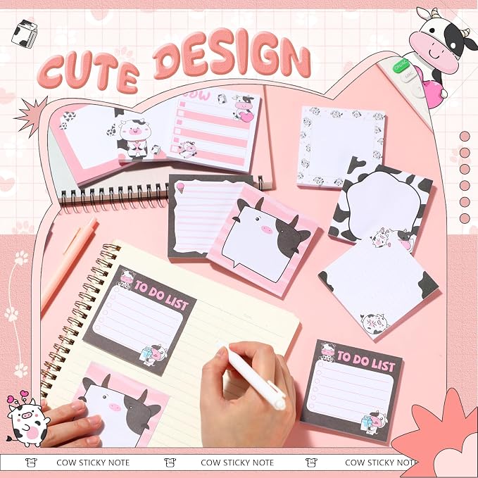 9 Pads Cute Sticky Notes Cartoon Self Stick Notepads 3x3 Inches Notes Adhesive Memo Pad Office Decor Gifts for Students School Teacher Office Meeting(Cow)