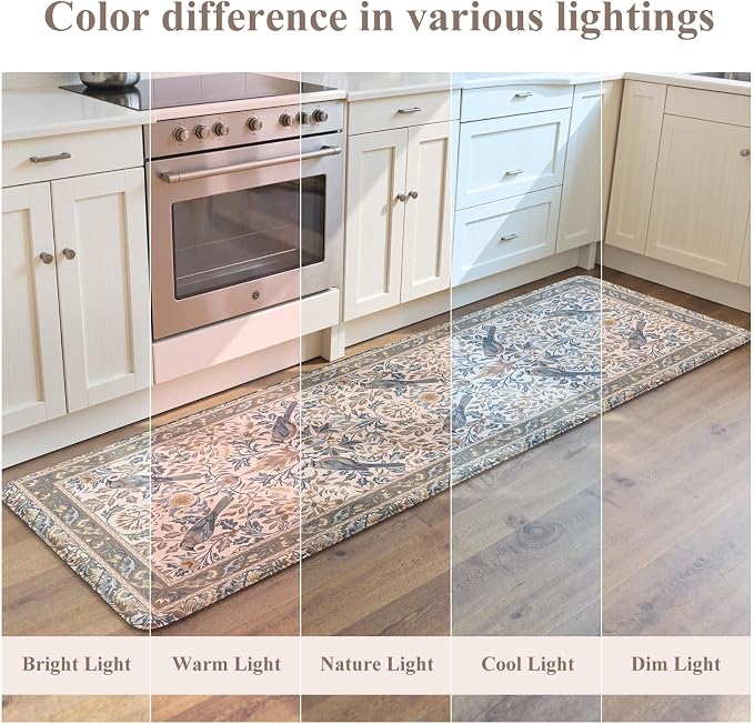 KIMODE Kitchen Mats for Floor Anti Fatigue,Cushioned Runner Rug | 23.6"x71",Khaki Beige,Floral Bird Boho Runner Rug Non Slip ,Wide Long Padded Kitchen Floor Mat for Laundry Sink Office Home