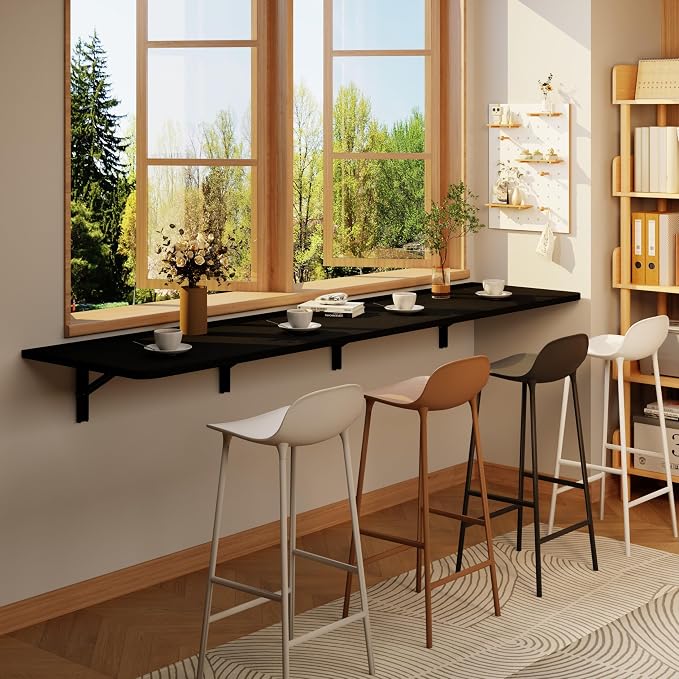 IAE 72" x 22" Floating Foldable Desk,Wall-Mounted Folding Computer Table with Engineered Wood,Study Table with Shelf Brackets,Fold Down Shelf,Fold Computer Desk for Small Apartment,Holds 500 lb,Black