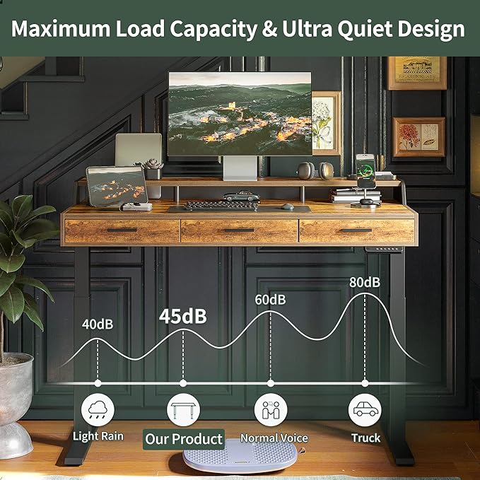 FEZIBO Electric Standing Desk 55x26 Inches with Drawers and Monitor Shelf, Height Adjustable Computer Desk with Memory, Ergonomic Rising Home Office Desks, Sit Stand Up Workstation Table, Rustic Brown