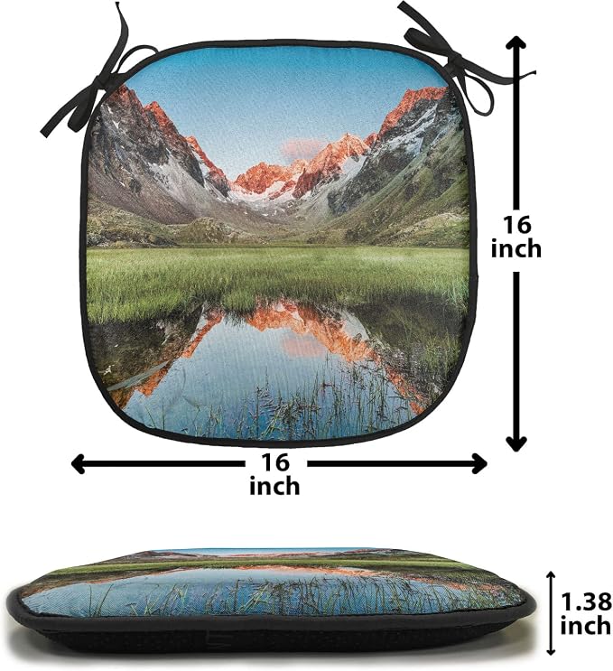 Lunarable Rustic Chair Cushion Pads Set of 6, Snowy Peaks Mirroring in Lake Surrounded by Meadow Below Stubai Alps Austria Image, Anti-Slip Seat Padding for Kitchen & Patio, 16"x16", Multicolor