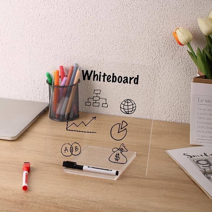 Mr. Pen- Clear Acrylic Dry Erase Board with Stand, 10x10 Inches | Reusable Desk Whiteboard with 3 Markers, Portable Dry Erase Board for Notes and Reminders, Desk Whiteboard for Office