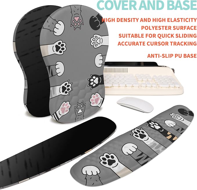 2-in-1 Ergonomic Set, Wave Rise Keyboard Wrist Rest and Massage Bulge Slope Mouse Pad Wrist Support, Cushion Memory Foam Integrated to Relieve Wrist Pain, Cute Cat Paws