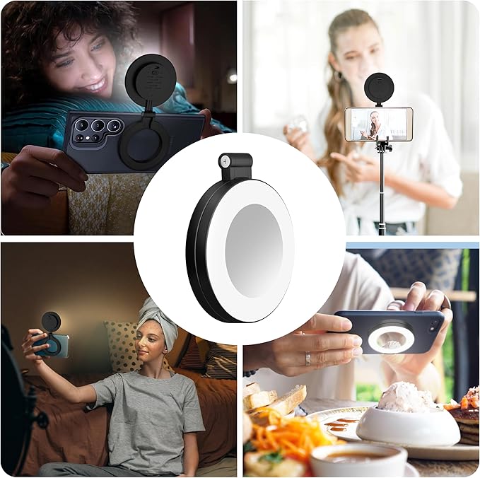 Magnetic Selfie Light for Laptop, iPhone, iPad, Built-in Mirror, Portable Phone Ring Light with 3 CCT & 10 Levels of Brightness, Selfie Ring Fill Light for Streaming, Vlogging, Podcasting