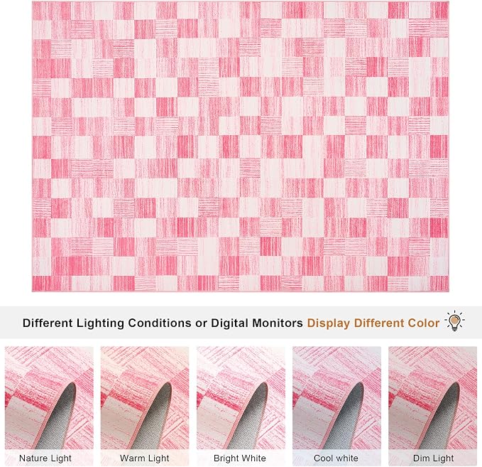 Terrug Pink Checkered Rug for Bedroom, 4x6 Area Rugs Washable with Non Slip for Living Room, Soft Low Pile Stain Resistance Abstract Carpet for Kids Room