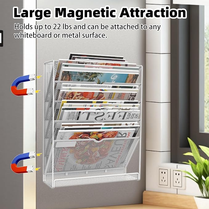 6 Tier Magnetic File Holder, No Drilling Installation File Cabinet Organizer,Black Magnetic File Holders, Magnetic Paper Holder for Refrigerator,File Cabinets, Whiteboard, White