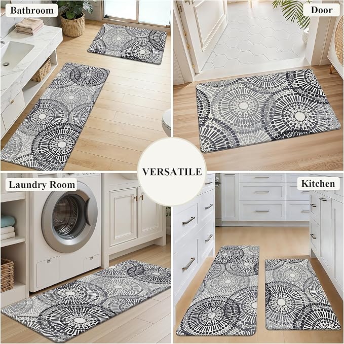 HEBE Anti Fatigue Kitchen Rugs Set of 2, Cushioned Kitchen Mats for Floor | Non Slip Washable Kitchen Runner Rug Set, Floral Stain Resistant Waterproof Comfort Mat Carpet for Sink, Standing Desk