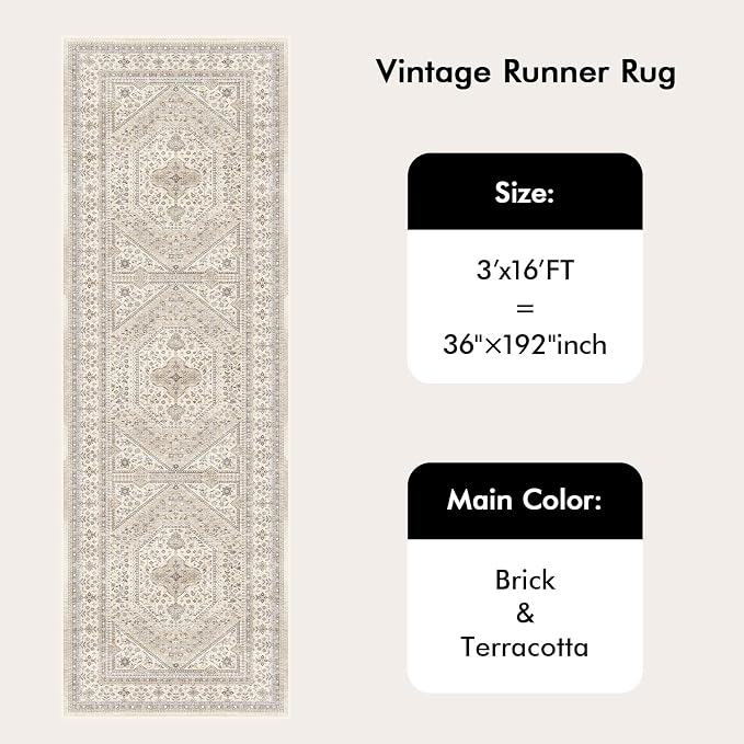 3x16 Runner Rug for Hallway Washable: Non Slip Kitchen Rugs with Rubber Backing Soft Waterproof Mats Stain Resistant Indoor Vintage Carpet Runner for Bedroom Bathroom Laundry Entryway Beige/Gray