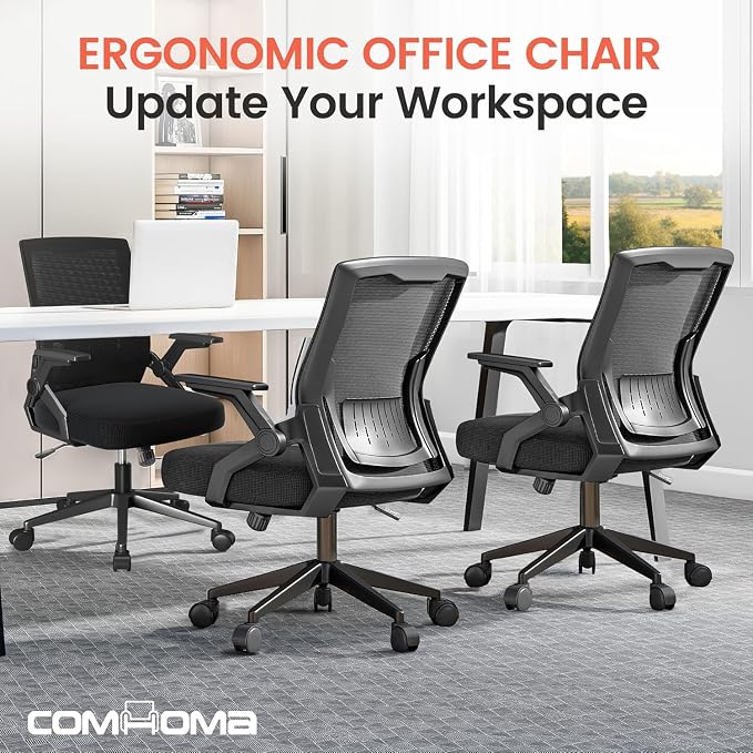 COMHOMA Office Chair with Flip-up Armrests Ergonomic Computer Desk Chair with Adaptive Lumbar Support & Breathable Mesh, Black, Pack of 2