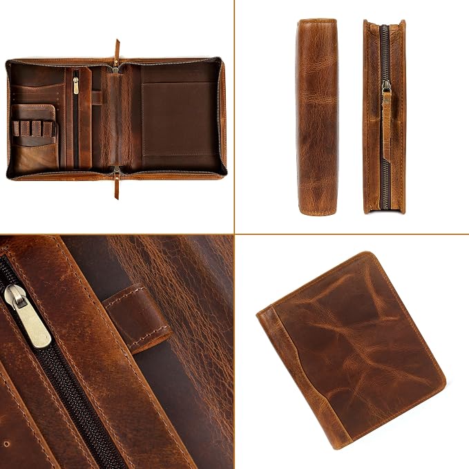 ELIZO Leather A5 Portfolio Padfolio Folio A5 Notebook Journal Cover Planner Binder Small Mens Business Work Folder Organizer (Antique)
