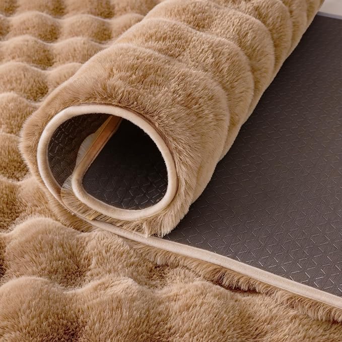 Coffee Rabbit Plush Rug 3'x5', Fluffy Shaggy Area Rug for Nursery & Kids Room, Faux Fur Carpet for Girls Bedroom, Living Room, Teen Decor
