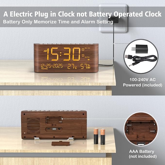 Mesqool Digital Alarm Clock with Temperature & Humidity | Dual Alarms, Calendar clock, Loud Volume, USB & Type-C Charging, 5-Level Brightness for Bedroom & Office