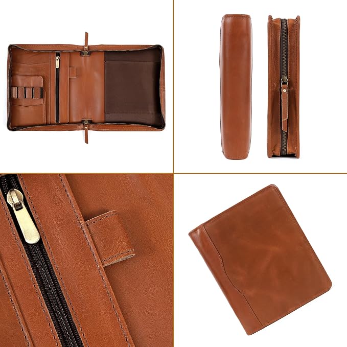 ELIZO Leather A5 Portfolio Padfolio Folio A5 Notebook Journal Cover Planner Binder Small Mens Business Work Folder Organizer (Tan)