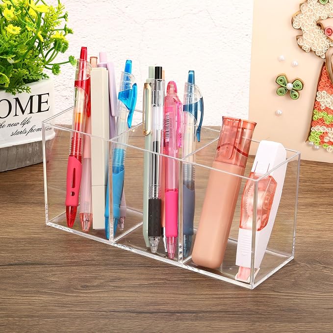 PATIKIL 3 Compartments Clear Acrylic Pen Holder, Pencil Holder Pen Organizer Pencil Cup Makeup Brush Holder Square for Countertop Desk, Transparent