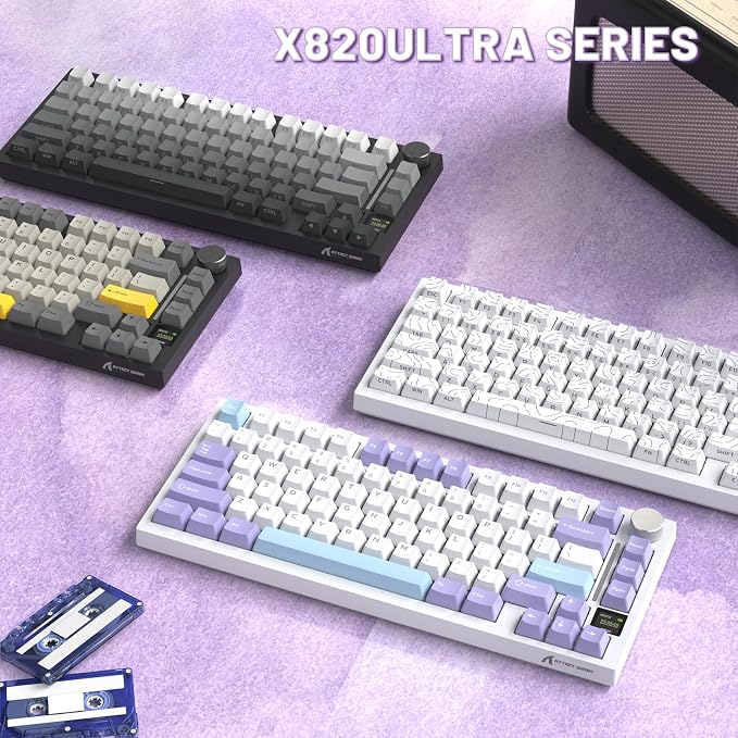 A.JAZZ Attack Shark X820Ultra 75% Wireless Mechanical Gaming Keyboard and Coiled Cable Hot Swappable 2.4GHz/Bluetooth/Wired Keyboard with Screen & Knob RGB Backlit Gasket Mount Shark Switch-Starwhite