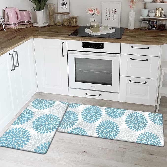 HEBE Anti Fatigue Kitchen Rugs Set of 2, Cushioned Kitchen Mats for Floor | Non Slip Washable Kitchen Runner Rug Set, Floral Stain Resistant Waterproof Comfort Mat Carpet for Sink, Standing Desk