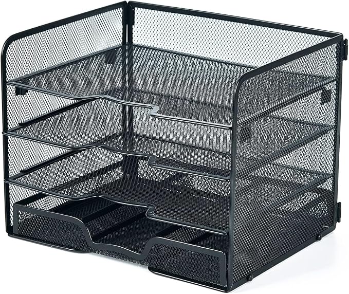 SETTFRFE 4-Tier Metal Desk Organizer-Paper Letter Tray with Drawer,Black | Desktop File Organizer with 2 Sliding Trays & 1 Drawer,Office Supplies Organizer and Storage for Office,Classroom,Home