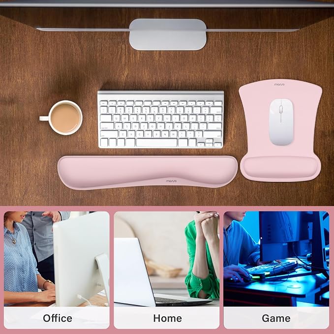MOSISO Wrist Rest Support for Mouse Pad & Keyboard Set, Ergonomic Mousepad Non-Slip Base Home/Office Pain Relief & Easy Typing Cushion with Neoprene Cloth & Raised Memory Foam, Pink