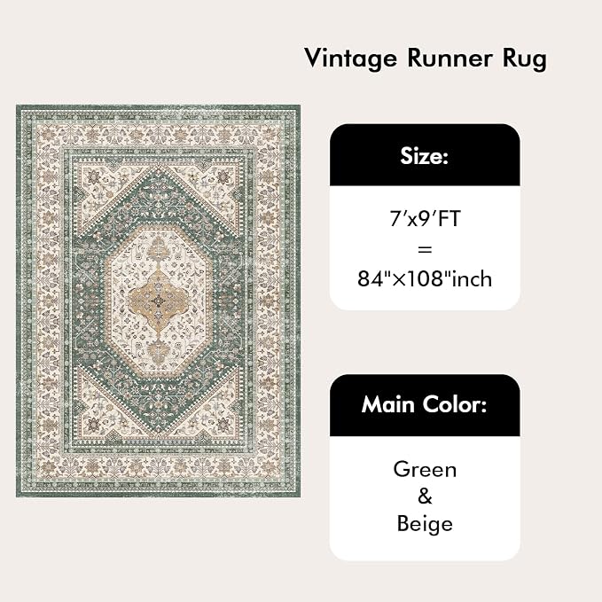 Washable 7x9 Area Rugs for Living Room: Soft Bedroom Rug Non Slip Rugs with Rubber Backing Ultra Thin Low Pile Carpet for Dinging Room Home Office Decor Green/Beige