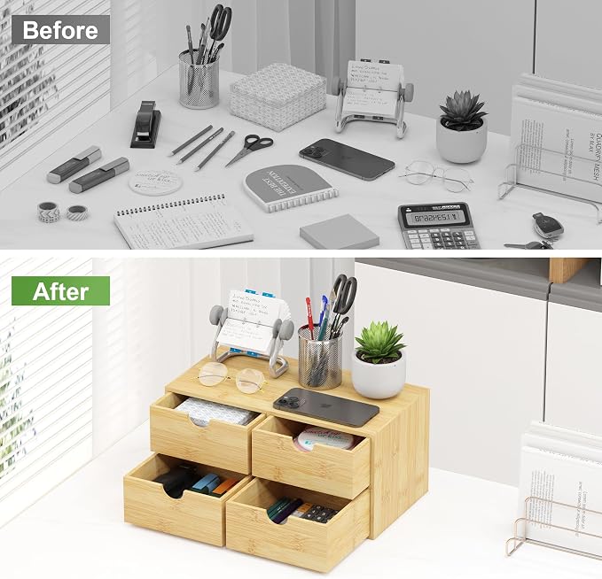Wisuce Desk Organizer with Drawers - Bamboo Desktop Organizer Storage | White-Natural Wood Desk Drawers Organizer for Bills, Office Supplies, Cosmetics, Seals No Assembly Required(4 drawers)