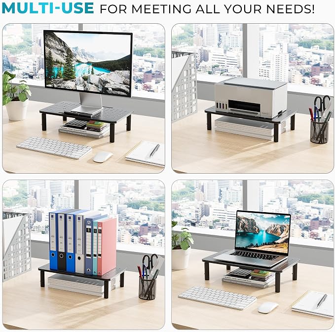 BONTEC Monitor Stand for Desk 2 Pack, 3-Level Height Adjustable Metal Monitor Riser, 14.5 x 9.1 in Ergonomic Computer Stand with Pen Holder & Cable Management for Printer, Laptop, Office Workstation