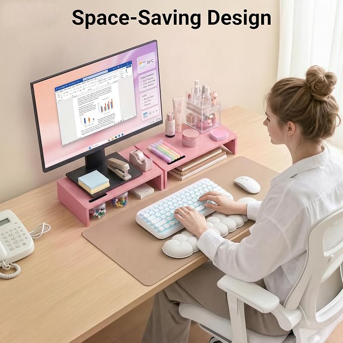 BONTEC Monitor Stand Riser with Cellphone Holder & Cable Management | 16.7 Inch Wood Monitor Riser Stand, Desktop Stand for PC/TV/Laptop/Printer, Pink