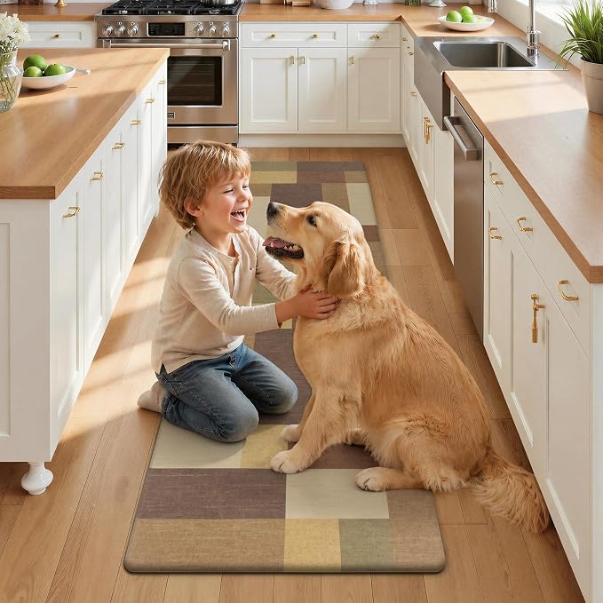 Anti Fatigue Kitchen Mat, Non Slip Cushioned Standing Floor Mat, Waterproof Kitchen Runner Rug, Farmhouse Comfort Padded Mat for Sink, Laundry, Office, Tan&Brown, 24''x71''