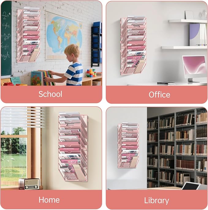 10 Tier Wall File Organizer Office Hanging Mail Holder Wall Mounted, Mesh Paper Document Organizer for Office Home School, Pink