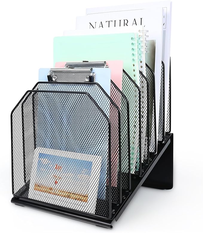 SUMMORO Inclined File Organizer for Desk, 7-Section Vertical File Folder Holder Office Desk Organizer Metal Rack File Wire Mesh Desktop Document Sorter for Office School Classroom Home (Black)