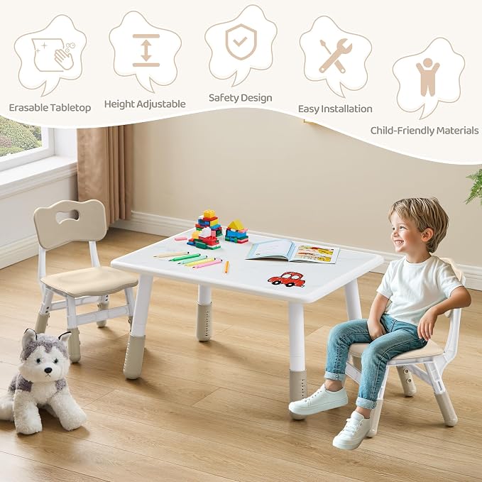 DOREROOM Toddler Table and 2 Chairs Set, Marble Top, No-Screw Legs, Natural | Graffiti Desktop, 31.5"L x 23.6"W, Frameless, Kids Ages 3-8, FSC-certified, Children Activity for Daycare, Classroom, Home