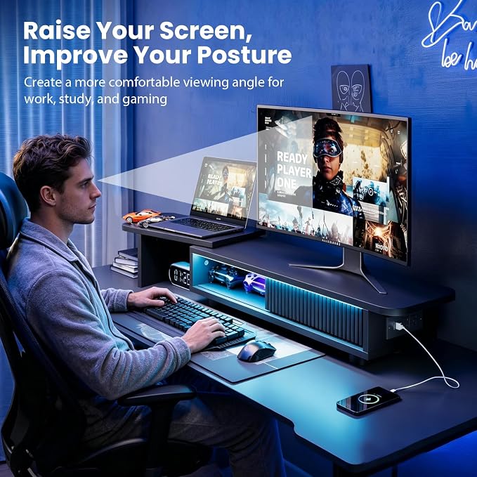 Artswish Dual Monitor Stand with Power Outlet, Black Desk Monitor Riser | 2 AC Outlets & 2 USB Ports, RGB Lighting, Sliding Storage, Flexible Side Shelf, Desk Riser for Work Study Gaming