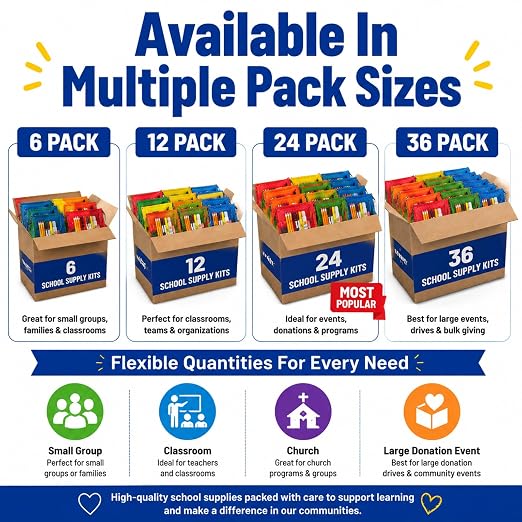 12 Pack Bulk School Supplies Kit, Individually Packed Classroom Essentials for Donation Drives, Outreach Programs, Community Events and Christmas Shoebox Packing
