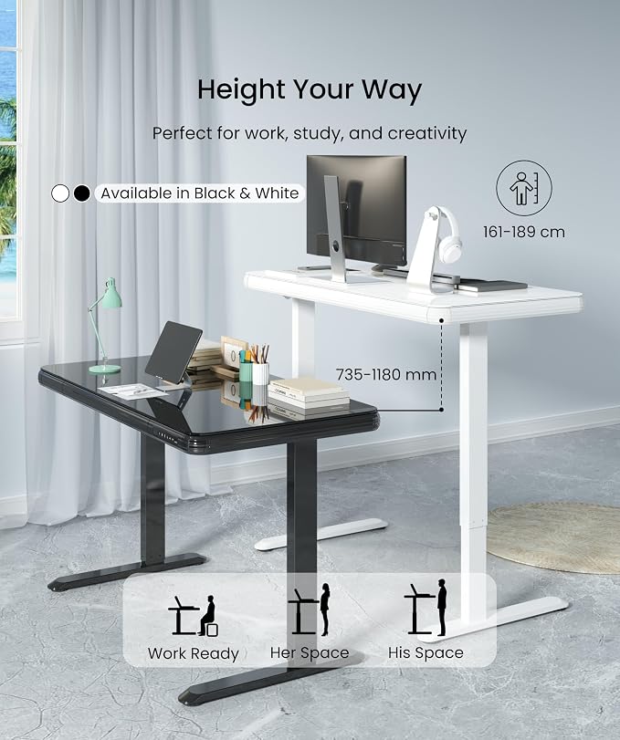 SANODESK Standing Desk with Drawer, Electric Height Adjustable Home Office Desk with Storage & USB Ports, 48 inch Tempered Glass Tabletop/White Frame