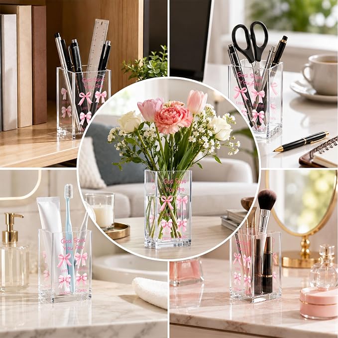 Pink Bow Acrylic Pen Holder Cup, Coquette Christian Desk Decor, Inspirational Bible Verse Pencil Holder, Cute Office Desk Organizer, Gift for Women Girls