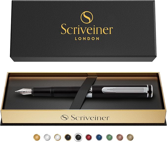 Scriveiner Luxury Fountain Pen - Medium Matt Black With Chrome Finish, Schmidt German Nib, Converter - Best Writing Gift Set for Men & Women - Fancy Office Designer EDC Pocket Pen