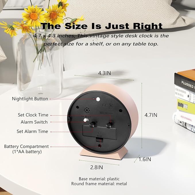 AYRELY® 4.5" Analog Alarm Clock, Small Retro Desk Clock and Table Clock | Battery Operated, Silent Metal Table Clock with Light for Living Room Decor, Bedroom, Bedside and Shelf(Light Pink)