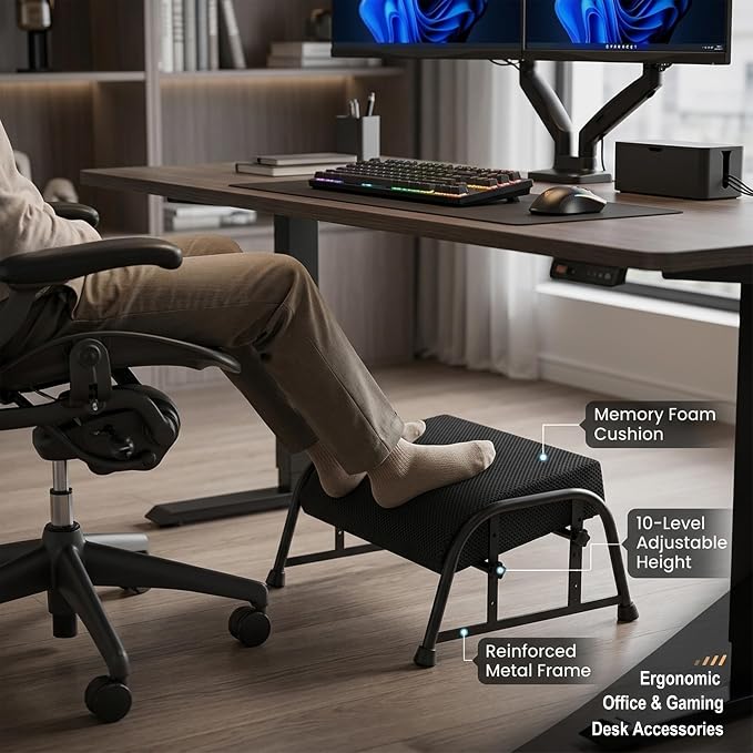 10-Level Adjustable Under Desk Footrest, XL Black Metal Frame | Ergonomic under desk leg rest or desk foot rest. Home computer heavy duty office chair foot stool for gamers,work(Black Plus)